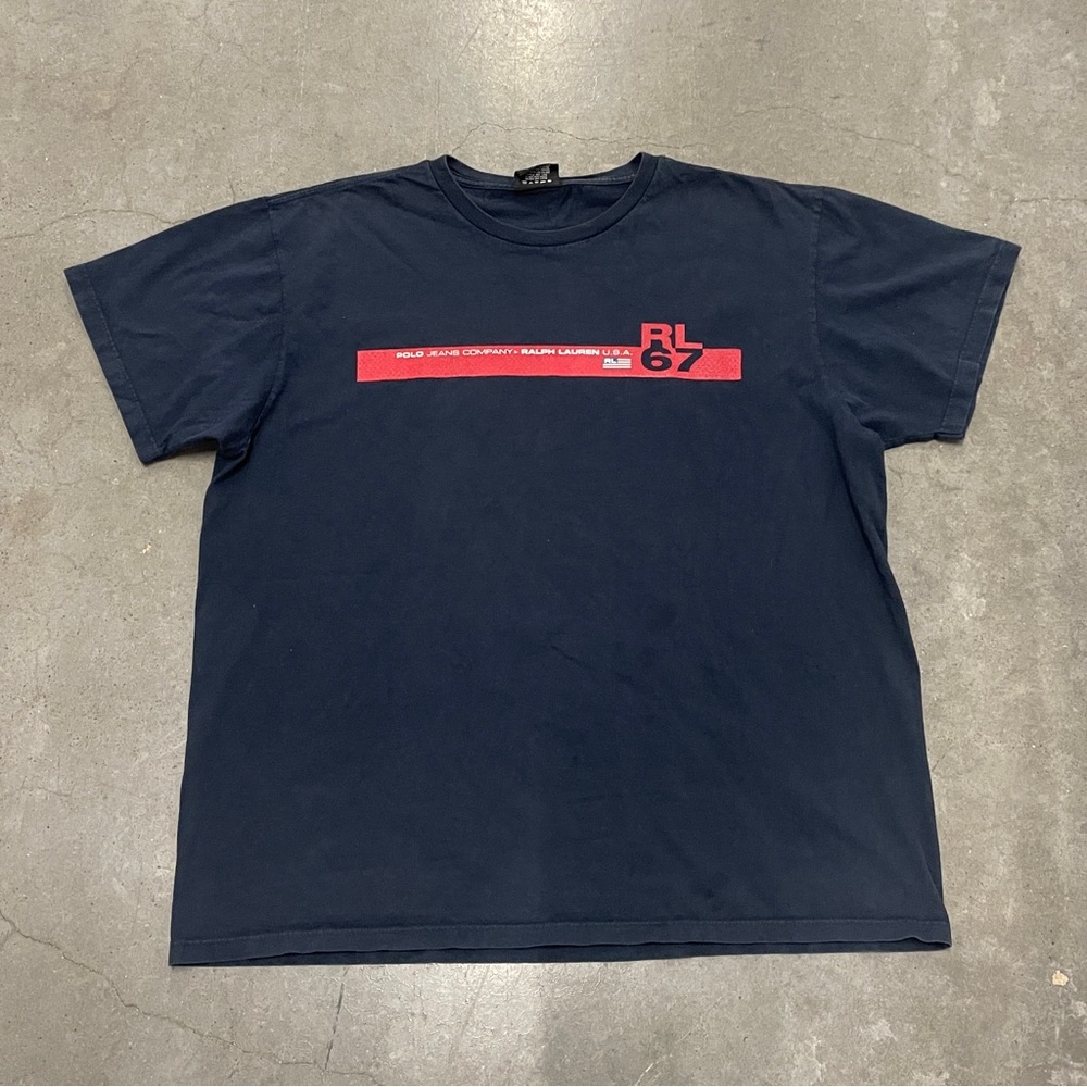 Vintage 1990s Polo Jeans Ralph Lauren Navy Blue T-Shirt Size 2XL Unisex 25x31”